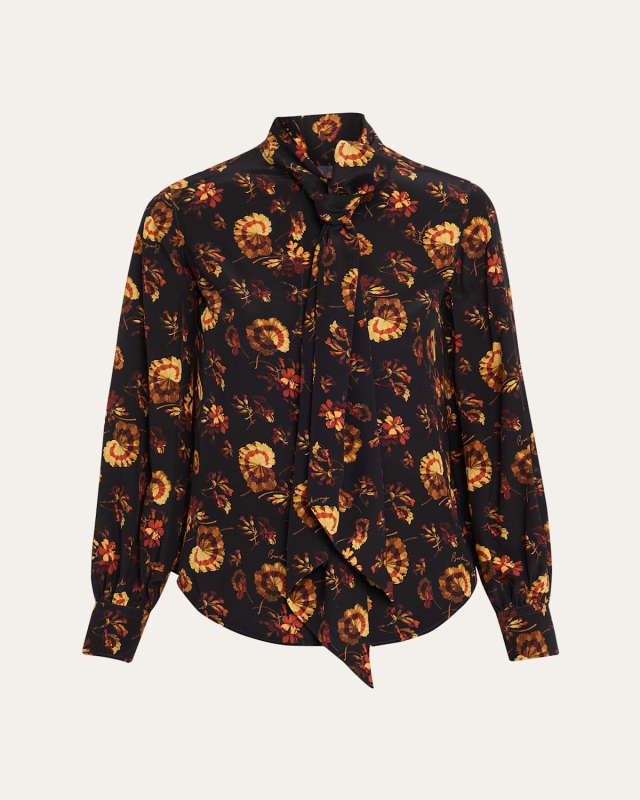 Lina Floral Silk Neck-Scarf Button-Down Shirt